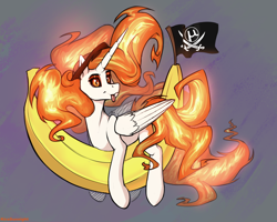 Size: 1000x800 | Tagged: safe, artist:kirasunnight, daybreaker, alicorn, pony, g4, :p, banana, bananalestia, colored sclera, female, flag, food, mane of fire, mare, missing accessory, piracy, pirate, prone, slit pupils, solo, tongue out
