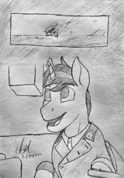 Size: 618x888 | Tagged: safe, artist:biergarten13, oc, oc only, oc:sift howler, pony, unicorn, fallout equestria, fallout equestria: ghosts of the past, burning, officer, pak 40, panzer, periscope, solo, tank (vehicle), tanker, tanksight