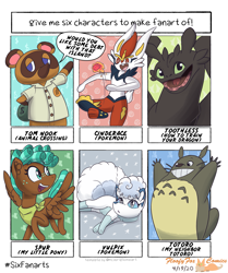 Size: 1715x2048 | Tagged: safe, artist:floofyfoxcomics, spur, cinderace, dragon, fox, kitsune, pegasus, pony, rabbit, raccoon, vulpix, anthro, g4, animal, animal crossing, anthro with ponies, clothes, crossover, female, filly, freckles, grin, how to train your dragon, looking back, male, my neighbor totoro, neckerchief, pokémon, raised hoof, six fanarts, smiling, tom nook, toothless the dragon, totoro