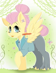 Size: 1242x1604 | Tagged: safe, artist:candy0sugar, fluttershy, pegasus, pony, g4, alternate hairstyle, butterfly hairpin, clothes, digital art, female, hair bun, hairpin, mare, obtrusive watermark, raised hoof, solo, tail bun, tongue out, watermark