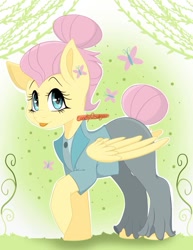 Size: 526x680 | Tagged: safe, artist:candy0sugar, fluttershy, pony, g4, butterfly hairpin, clothes, digital art, female, hair bun, hairpin, solo, tail bun, tongue out