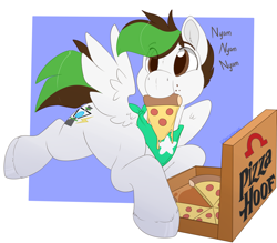 Size: 2000x1753 | Tagged: safe, artist:onecoolmule, oc, oc:kibbie, oc:kibbiethegreat, pegasus, pony, bandana, big eyes, dialogue, eating, food, happy, lying down, male, messy eating, neckerchief, pizza, pizza box, simple background, size difference, smaller male, spread wings, stallion, wings