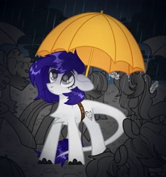 Size: 1921x2048 | Tagged: safe, artist:n in a, oc, oc only, oc:djkaskan, earth pony, pegasus, pony, unicorn, chest fluff, earth pony oc, levitation, looking up, magic, rain, sad, telekinesis, umbrella, wingding eyes