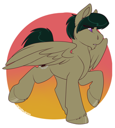 Size: 1618x1802 | Tagged: safe, artist:onecoolmule, oc, oc:zuban, pegasus, pony, narrowed eyes, parted mane, serious, serious face, short mane, simple background, spread wings, trotting, wings