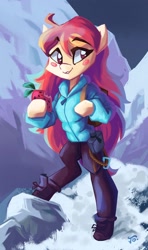Size: 1600x2702 | Tagged: safe, artist:saxopi, earth pony, pony, semi-anthro, arm hooves, bipedal, blushing, boots, celeste, clothes, eating, eyebrows, eyebrows visible through hair, eyelashes, food, high res, jacket, long hair, long mane, looking at something, madeline, mountain, pants, ponified, rock, rope, shoes, signature, smiling, solo, standing on two hooves, strawberry, video game crossover