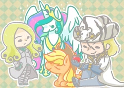 Size: 2048x1448 | Tagged: safe, artist:m_a_a_m_8, artist:まー, applejack, princess celestia, g4, crossover, digital art, funny valentine, mountain tim, steel ball run