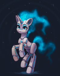 Size: 1800x2274 | Tagged: safe, artist:koviry, oc, oc only, oc:echo trot, pony, robot, robot pony, unicorn, aperture iris, blue background, ethereal mane, ethereal tail, expressionless face, glowing, simple background, solo, sparkles, standing, standing on one leg, tail