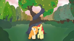 Size: 1080x608 | Tagged: safe, artist:operfield, bright mac, pear butter, earth pony, pony, g4, apple, apple tree, female, intertwined trees, male, mare, outdoors, pear tree, ship:brightbutter, shipping, stallion, straight, tree