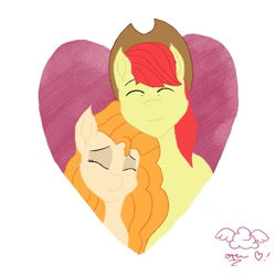 Size: 1080x1080 | Tagged: safe, artist:operfield, bright mac, pear butter, earth pony, pony, g4, bust, eyes closed, female, hat, male, mare, nuzzling, ship:brightbutter, shipping, signature, smiling, stallion, straight