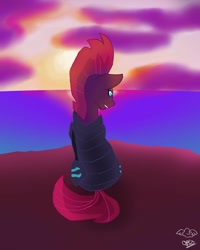 Size: 1080x1350 | Tagged: safe, artist:operfield, fizzlepop berrytwist, tempest shadow, pony, unicorn, g4, armor, clothes, cloud, eye scar, female, mare, scar, signature, sitting, solo, sunset