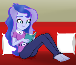 Size: 1500x1272 | Tagged: safe, artist:grapefruitface1, princess luna, vice principal luna, equestria girls, g4, barefoot, book, clothes, couch, feet, female, happy, pillow, reading, relaxing, show accurate, throw pillow