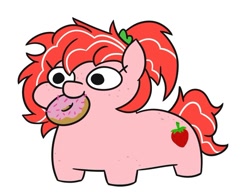 Size: 680x533 | Tagged: safe, artist:jargon scott, derpibooru exclusive, oc, oc only, oc:strawberry glaze, earth pony, pony, commission, donut, food, mouth hold, simple background, solo, squatpony, white background