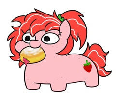 Size: 680x537 | Tagged: safe, artist:jargon scott, derpibooru exclusive, oc, oc only, oc:strawberry glaze, earth pony, pony, commission, donut, food, jelly doughnut, mouth hold, simple background, solo, squatpony, white background