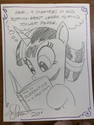 Size: 1536x2048 | Tagged: safe, artist:andypriceart, twilight sparkle, pony, unicorn, g4, book, female, mare, pencil drawing, quarantine, reading, solo, traditional art