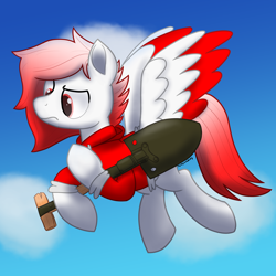 Size: 2000x2000 | Tagged: safe, artist:memeancholy, oc, oc only, oc:deepest apologies, pegasus, pony, colored wings, colored wingtips, flying, frown, high res, male, market gardener, pegasus oc, shovel, sky, solo, stallion, team fortress 2