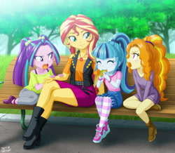 Size: 1200x1045 | Tagged: safe, artist:uotapo, adagio dazzle, aria blaze, sonata dusk, sunset shimmer, equestria girls, equestria girls series, g4, adoragio, age regression, ariabetes, babysitting, bench, child, children, cute, eating, eyes closed, female, food, geode of empathy, kid, magical geodes, mama sunset, open mouth, park, park bench, shimmerbetes, siblings, sisters, sitting, sonatabetes, sonataco, taco, that girl sure loves tacos, that siren sure does love tacos, the dazzlings, tree, uotapo is trying to murder us, weapons-grade cute, younger