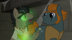 Size: 1920x1080 | Tagged: safe, screencap, doctor caballeron, rogue (g4), earth pony, pony, daring doubt, g4, ascot tie, clothes, duo, glowing, glowing eyes, male, shirt, stallion, truth talisman