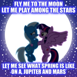 Size: 2000x2000 | Tagged: safe, artist:navitaserussirus, edit, trixie, twilight sparkle, alicorn, pony, g4, female, fly me to the moon, frank sinatra, high res, lesbian, moon, neon genesis evangelion, ship:twixie, shipping, song reference, twilight sparkle (alicorn)