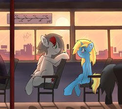 Size: 2250x2000 | Tagged: safe, artist:move, oc, oc only, oc:move, oc:skydreams, pegasus, pony, unicorn, blue eyes, blue fur, blushing, city, glass, gray mane, green eyes, grey fur, high res, looking at each other, looking down, looking up, sitting, sky, smiling, sun, sunset, sunshine, train, window, yellow mane