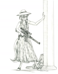 Size: 1100x1407 | Tagged: safe, artist:baron engel, coco pommel, earth pony, anthro, unguligrade anthro, g4, bag, clothes, dress, female, gun, hat, headset mic, hoof shoes, mare, monochrome, pencil drawing, solo, spy, story included, sundress, sunglasses, traditional art, trigger discipline, vss vintorez, weapon