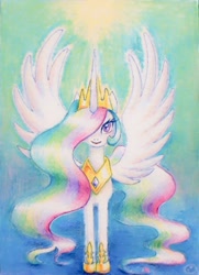 Size: 742x1024 | Tagged: safe, artist:えむ, princess celestia, pony, g4, colored pencil drawing, crown, female, japanese, jewelry, pencil drawing, regalia, solo, traditional art