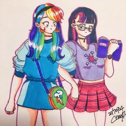 Size: 680x680 | Tagged: safe, artist:chami, rainbow dash, twilight sparkle, human, g4, anime, bag, book, choker, clothes, dress, ear piercing, earring, glasses, harajuku, headband, humanized, japanese, jewelry, marker drawing, meganekko, necklace, piercing, rainbow dash always dresses in style, skirt, traditional art, watch