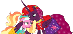 Size: 2179x1027 | Tagged: safe, alternate version, artist:徐詩珮, fizzlepop berrytwist, luster dawn, tempest shadow, alicorn, pony, unicorn, series:sprglitemplight diary, series:sprglitemplight life jacket days, series:springshadowdrops diary, series:springshadowdrops life jacket days, g4, alicornified, alternate universe, background removed, base used, clothes, cute, cutie mark, cutie mark on clothes, duo, ethereal mane, everest (paw patrol), eye scar, eyelashes, female, grin, helmet, hug, mare, marshall (paw patrol), older, older tempest shadow, paw patrol, race swap, scar, simple background, smiling, starry mane, tempestbetes, tempesticorn, transparent background, winghug