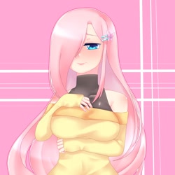 Size: 1200x1200 | Tagged: safe, artist:fried_chiken10, artist:✿.彼岸花.✿, fluttershy, human, g4, blushing, breasts, busty fluttershy, butterfly hairpin, clothes, female, hairpin, humanized, meta, solo, sweater, sweatershy
