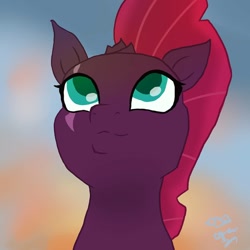 Size: 1080x1080 | Tagged: safe, artist:operfield, tempest shadow, pony, unicorn, g4, abstract background, broken horn, bust, eye scar, female, horn, looking up, mare, scar, scene interpretation, signature, smiling