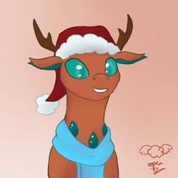 Size: 676x676 | Tagged: safe, artist:operfield, oc, oc only, oc:stitchy de noël, changedling, changeling, antlers, bust, changedling oc, changeling oc, christmas, christmas changeling, clothes, colored, gradient background, hat, holiday, santa hat, scarf, signature, smiling, solo