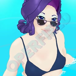 Size: 1080x1080 | Tagged: safe, artist:operfield, rarity, human, g4, bikini, bust, clothes, female, humanized, obtrusive watermark, smiling, solo, sunglasses, swimsuit, watermark