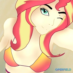 Size: 1080x1080 | Tagged: safe, artist:operfield, sunset shimmer, human, g4, bikini, bust, clothes, female, gradient background, humanized, one eye closed, smiling, solo, swimsuit, wink