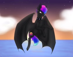 Size: 1920x1500 | Tagged: safe, artist:chrystal_company, oc, oc only, bat pony, pony, bat pony oc, bat wings, choker, cloud, colored hooves, flying, solo, spiked choker, twilight (astronomy), wings