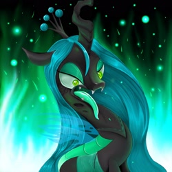 Size: 2048x2048 | Tagged: safe, artist:zebra10045, queen chrysalis, changeling, changeling queen, g4, angry, crown, fangs, female, fire, high res, jewelry, long hair, regalia, solo, tongue out