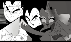 Size: 800x480 | Tagged: safe, artist:yordisz, princess luna, alicorn, angry, black and white, crossover, crossover shipping, dragon ball z, fanfic, fanfic art, grayscale, hug, monochrome, shipping, smiling, vegeta
