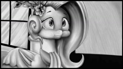 Size: 1280x720 | Tagged: safe, artist:zebra10045, fluttershy, pony, g4, make new friends but keep discord, :i, black and white, female, funny face, grayscale, monochrome, scene interpretation, solo, we bought two cakes