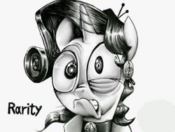 Size: 680x510 | Tagged: safe, artist:zebra10045, rarity, pony, g4, black and white, female, funny face, grayscale, hairpin, monochrome, solo