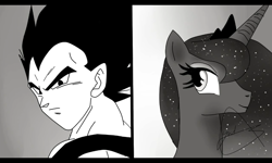 Size: 800x480 | Tagged: safe, artist:yordisz, princess luna, alicorn, black and white, crossover, crossover shipping, dragon ball z, fanfic, fanfic art, grayscale, monochrome, shipping, vegeta