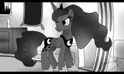 Size: 800x480 | Tagged: safe, artist:yordisz, princess luna, alicorn, pony, g4, black and white, fanfic art, female, grayscale, letterboxing, mare, monochrome, solo, standing