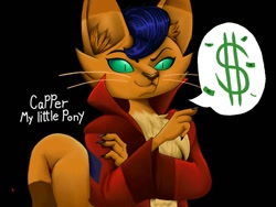 Size: 680x510 | Tagged: safe, artist:zebra10045, capper dapperpaws, abyssinian, cat, anthro, g4, black background, chest fluff, clothes, coat, male, money, simple background, solo