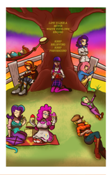 Size: 2090x3255 | Tagged: safe, artist:theomegas2, applejack, fluttershy, pinkie pie, rainbow dash, rarity, spike, starlight glimmer, sunset shimmer, twilight sparkle, butterfly, human, g4, book, fence, hammock, high res, humanized, kite, mane seven, mane six, relaxing, smiling, tree