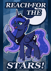 Size: 1500x2100 | Tagged: safe, artist:riverfox237, princess luna, alicorn, pony, g4, female, folded wings, happy, hoof shoes, horn, jewelry, mare, motivational poster, open mouth, peytral, positive ponies, raised hoof, regalia, solo, sweet dreams fuel, underhoof, watermark, wings