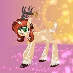 Size: 1024x1024 | Tagged: safe, artist:kiwwsplash, oc, oc only, deer, deer pony, original species, pony, abstract background, antlers, eye clipping through hair, open mouth, smiling, solo, unshorn fetlocks