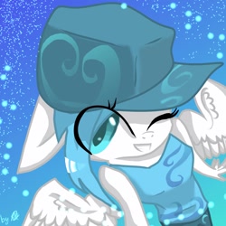 Size: 1024x1024 | Tagged: safe, artist:kiwwsplash, oc, oc only, pegasus, anthro, abstract background, clothes, female, hat, one eye closed, pegasus oc, solo, wings, wink