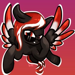 Size: 1024x1024 | Tagged: safe, artist:kiwwsplash, oc, oc only, pegasus, pony, abstract background, flying, pegasus oc, smiling, solo, sunglasses, wings