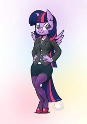 Size: 955x1351 | Tagged: safe, artist:mysticalpha, twilight sparkle, alicorn, anthro, unguligrade anthro, g4, belt, business suit, clothes, cravat, female, glasses, hand on hip, hoof shoes, mare, skirt, smiling, solo, spread wings, stockings, thigh highs, twilight sparkle (alicorn), wings