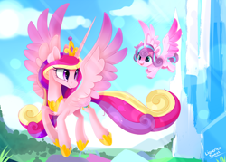 Size: 1750x1250 | Tagged: safe, artist:liquorice_sweet, princess cadance, princess flurry heart, alicorn, pony, g4, baby, baby pony, chest fluff, crown, crystal, crystal empire, cute, cutedance, duo, duo female, female, filly, flurrybetes, flying, foal, jewelry, looking back, mare, mother and child, mother and daughter, open mouth, princess, regalia, smiling