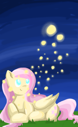 Size: 1600x2600 | Tagged: safe, artist:wimple, fluttershy, firefly (insect), insect, pegasus, pony, g4, female, grass, mare, night, smiling