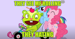 Size: 486x259 | Tagged: safe, edit, edited screencap, screencap, pinkie pie, rainbow dash, earth pony, pegasus, pony, squirrel, g4, car, crossover, female, funny, happy tree friends, male, mare, meme, nutty (happy tree friends), they see me rollin', this will end in death, this will end in pain, this will end in tears, this will end in tears and/or death, this will not end well, vechicle