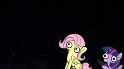 Size: 1278x718 | Tagged: safe, artist:tjpones, fluttershy, twilight sparkle, alicorn, pony, sparkles! the wonder horse!, g4, always has been, gun, imminent death, space, template, this will end in death, twilight sparkle (alicorn), weapon